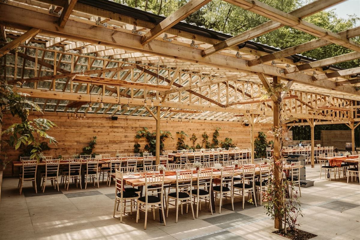 Event dining space set up inside Two Woods Estate